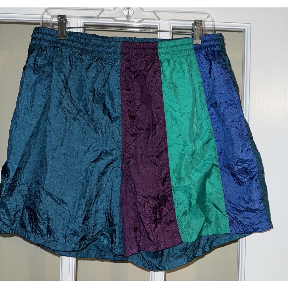 Pacific Scene Mens Swim Trunks Large Green Blue Colorblock Pockets Mesh Vintage